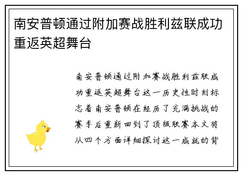 南安普顿通过附加赛战胜利兹联成功重返英超舞台